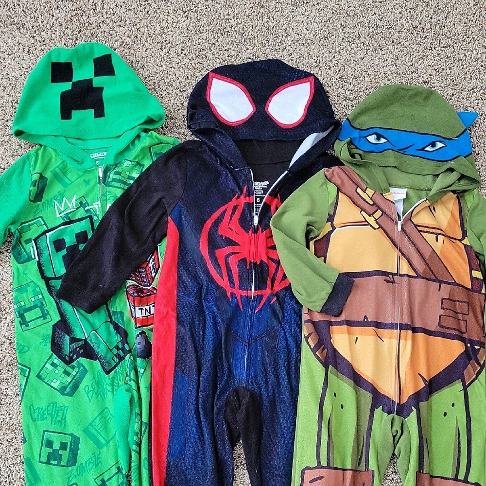 Set Of 3 character union suits. Minecraft, Spider-Man, and Leonardo TMNT.